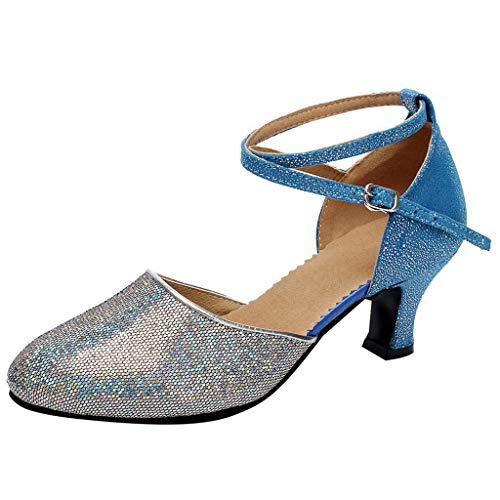 Damen Standard Latein Tanzschuhe Glitzer Tango Salsa Schuhe Knöchelriemen Mittelhohe Weicher Boden für Party Hochzeit, Klassische Pumps Elegante Brautschuhe Celucke (Blau, EU39) von Celucke Sandalette