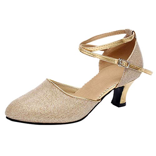 Damen Standard Latein Tanzschuhe Glitzer Tango Salsa Schuhe Knöchelriemen Mittelhohe Weicher Boden für Party Hochzeit, Klassische Pumps Elegante Brautschuhe Celucke (Gold, EU37) von Celucke Sandalette