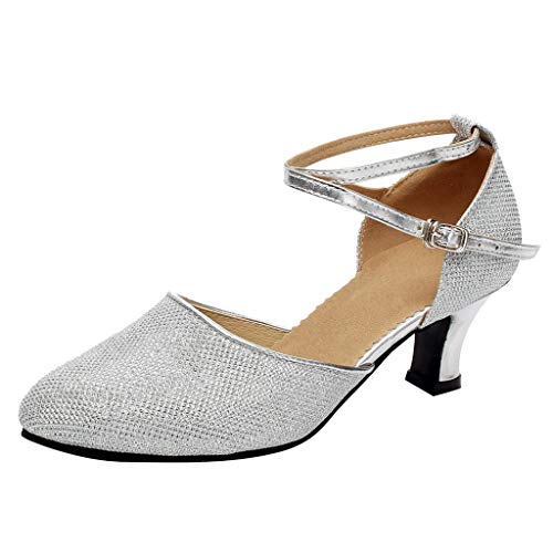 Damen Standard Latein Tanzschuhe Glitzer Tango Salsa Schuhe Knöchelriemen Mittelhohe Weicher Boden für Party Hochzeit, Klassische Pumps Elegante Brautschuhe Celucke (Silber, EU39) von Celucke Sandalette