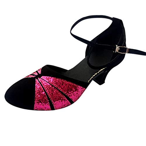 Damen Standard Latein Tanzschuhe Knöchelriemen Mittelhohe Weicher Boden Schlüpfen, Celucke Basic Absatzschuhe Klassische Pumps Brautschuhe Frühling Elegante Schuhe (Hot Pink, EU37) von Celucke Sandalette