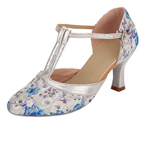 Damen Standard Latein Tanzschuhe T-Strap Pumps High Heels mit Riemchen Geschlossen Spangenpumps Salsa Tango Schuhe Elegante Runde Zehe Blumen Muster Party Hochzeit Celucke (Blau, EU38) von Celucke Sandalette