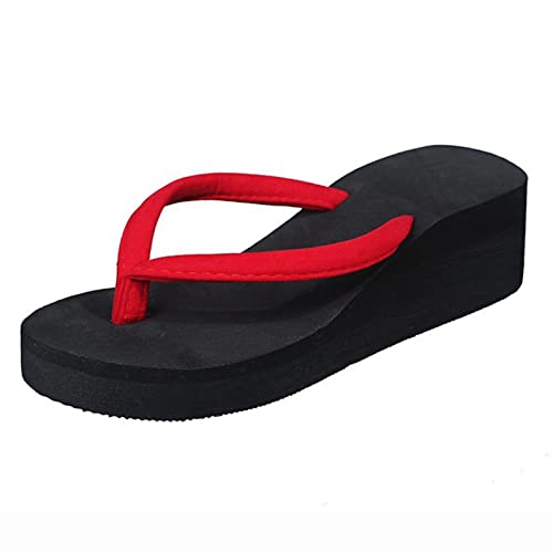 Damen Strass Sandalen Zehentrenner-Strandpantolette Bequeme Pantolette mit Super Weich Plateausohle und Keilabsatz, Flip Flops Schöne Sommersandalen Badesandale Pantoletten Celucke(Rot,39 EU) von Celucke Sandalette