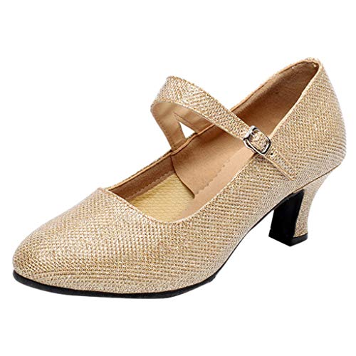 Damen Tanzschuhe Glitzer Knöchelriemen Mittelhohe Weicher Boden für Party Hochzeit, Standard Latein Tango Salsa Schuhe Klassische Pumps Elegante Brautschuhe Celucke (Gold, EU37) von Celucke Sandalette