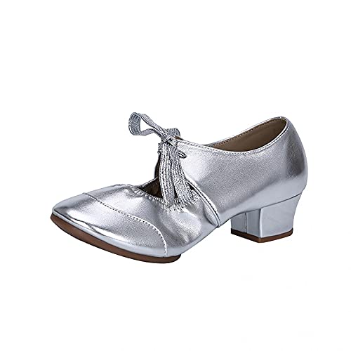 Damen Tanzschuhe Latein Tango Salsa Schuhe Blockabsatz Elegante Pumps Brautschuhe mit Riemchen Geschlossen Celucke (Silber, EU38) von Celucke Sandalette