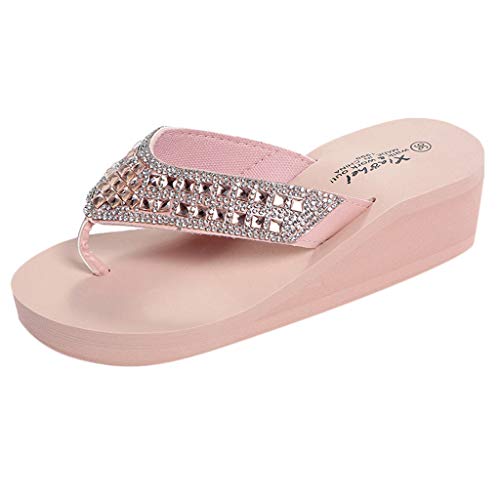 Damen Zehentrenner Plateau Keilabsatz Sommer Zehenstegsandalen mit Blume, Frauen Flip Flops Bequeme Sandalen für Urlaub Strand Celucke (Pink, EU39) von Celucke Sandalette