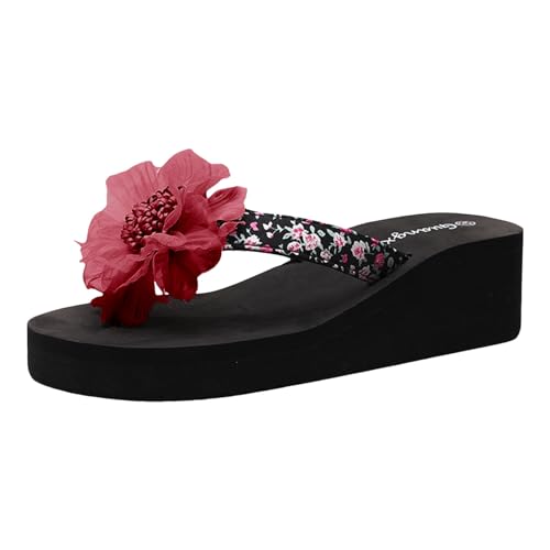 Damenschuhe Keil-Flip-Flops Blumen Zehentrenner Sommer Sandalen Dicke Sohle Strand Stoff Leicht Sandaletten Slip On Elegant Hausschuhe Rutschfest Freizeitschuhe von Celucke Sandalette