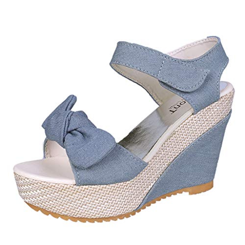 Espadrilles Damen Plateausandalen mit Keilabsatz, Frauen Sandalen Offener Zeh Sandaletten Urlaub Strand Sommersandalen Schöne Bequeme Strandsandalen Celucke (Blau, Gr.38) von Celucke Sandalette