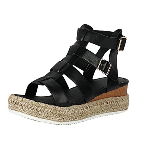 Espadrilles Plateau Damen Peep Toe Flache Sandalen Bequeme Elegante Sandaletten Schöne Sommerschuhe Celucke (Schwarz, EU37) von Celucke Sandalette