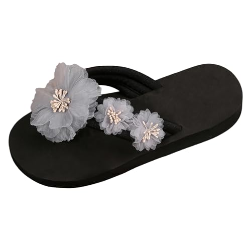 Keilabsatz Flip Flops Damen Elegant Sandalen Mit Blumen Zehentrenner Sommer Hausschuhe Flach Badelatschen Leicht Slides Sandalen Strandschuhe Bequem Keilsandaletten Casual Outdoor Slipper von Celucke Sandalette