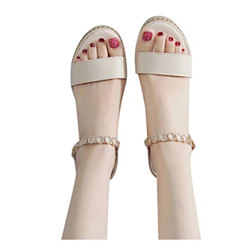 Sandalen Damen Espadrilles Plateausohle Sandale mit Perlen und Keilabsatz, Frauen Sommerschuhe Offener Zeh Strandsandalen Urlaub Strand Schöne Bequeme Sandalette Celucke (Beige, Gr.38) von Celucke Sandalette