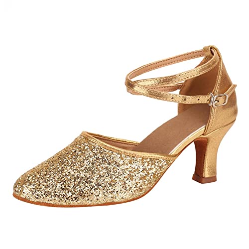 Tanzschuhe Damen Standard Latein Funkeln Dance Schuhe Ballsaal Salsa Tango Tanzen Schuhe Hochzeit Abendschuhe Knöchelriemen, Celucke Klassische Pumps Elegante Brautschuhe (Gold, 35 EU) von Celucke Sandalette