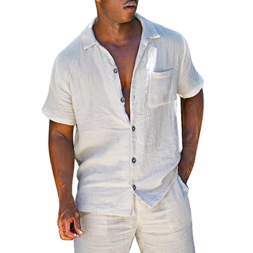 Celucke 2 Teiler Herren Sommer Festival Outfit Beige Leinenhemd Kurzarm und Shorts Zweiteiler Baumwolle Leinenanzug Einfarbig Button Down Revers Freizeitanzug Strand Hemd Kurze Hose Männer Set von Celucke