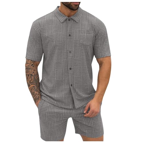 Celucke 2 Teiliges Outfit Herren Jacquard Sommer 2 teiler Einfarbig Button Kurzarm Hemd Shorts Sportanzug Jogginganzug Lässig Herrenanzüge Baggy Anzug Strand Outfit Freizeitanzug Freizeitkleidung von Celucke