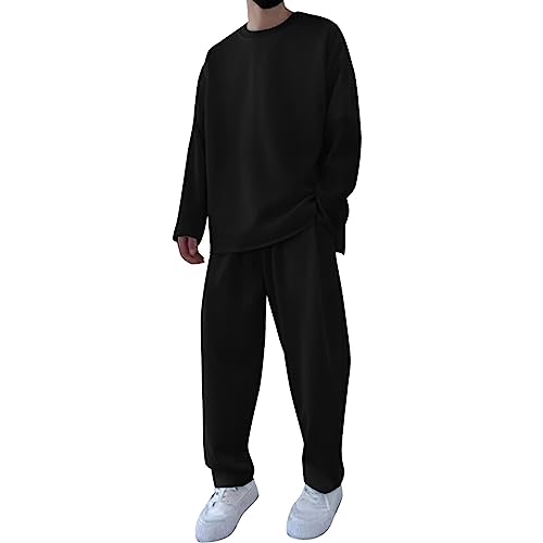 Celucke 2 Teiliges Outfit Herren Sommer Einfarbige Langarm Pullover und Hosen Sportanzug Jogginganzug Teenager-Anzug Baggy Sommer Anzug Festival Outfit Freizeitanzug von Celucke