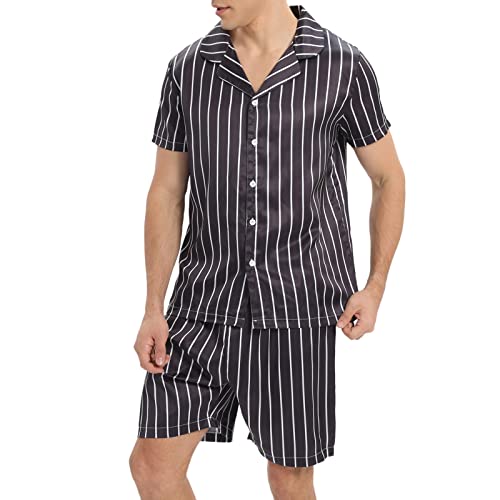 Celucke 2-teilig Freizeitanzüge Herren Heimanzug Loungewear Pyjamas Anzug Home Wear Kunstseide Farbe Ding Pyjama Sommer Gestreifte T-Shirt und Shorts Hemd Kurzarm Set (Black, M) von Celucke