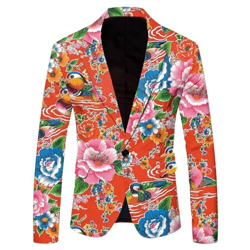 Celucke Anzug Herren Vintage Pfingstrose Druck Taschen Outfit Blazer Anzüge Nordöstliche Blume Sakkos Sakko Langarm Blazer Outerwear für Hochzeit Karneval Party Nachtklub von Celucke