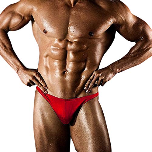 Celucke Badeslip Herren Enge Badehose Kurze Schwimmhose Kordelzug Stretch Badestring Männer Slips Badeshorts Bademode Schwimmshorts Schnelltrocknend String Tanga Sommer Shorts (Rot, M) von Celucke