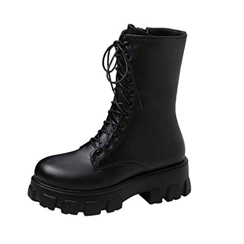 Celucke Biker Boots Damen Stiefeletten mit Blockabsatz und Reißverschluss, Klassische Winterstiefel im Military-Stil, Schnürstiefel Combat Boots (Schwarz, 39) von Celucke