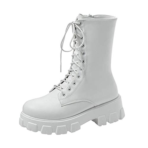 Celucke Biker Boots Damen Stiefeletten mit Blockabsatz und Reißverschluss, Klassische Winterstiefel im Military-Stil, Schnürstiefel Combat Boots (Weiß, 37) von Celucke