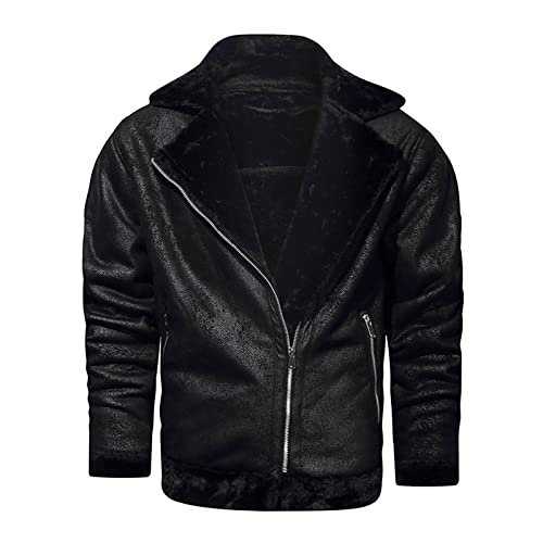 Celucke Bikerjacke Herren Lederjacke Winterjacke Reverskragen aus Kunstpelz, Bomberjacke Herren Biker Jacke Winter Warme Jacke Vintage Bikerjacke (Schwarz, M) von Celucke