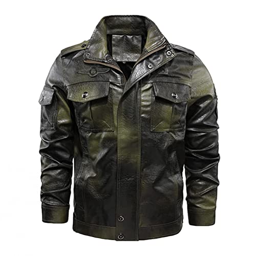 Celucke Bikerjacke Herren Winterjacke Kunstleder Lederjacke Bomberjacke Männer Biker Jacke Herbst Winter Übergangsjacke (Grün, XL) von Celucke