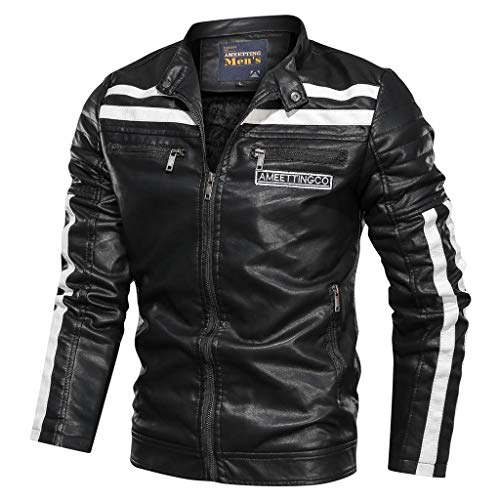 Celucke Bomberjacke Herren Lederjacke Bikerjacke aus Kunstleder mit Streifen, Männer Collegejacke Warme Winterjacke Varsity Jacket (Schwarz, XL) von Celucke