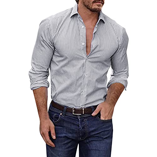 Celucke Businesshemd Herren Langarmhemd Hemd Männer Revershemd Herrenhemd Langarm Nadelstreife Freizeit Shirts Slim Fit Shirt Dünnes Leichtes Atmungsaktive Freizeithemd Bequem(Grau,L) von Celucke