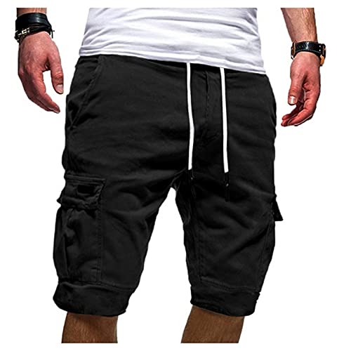 Celucke Cargo Jogger Hosen Herren Sweat Short Elastischer Bund Chinos Cargoshorts Männer Kurz Hose Sommer Bermuda Sweatpant Strand Urlaub Bequeme Atmungsaktives (Schwarz, W38) von Celucke