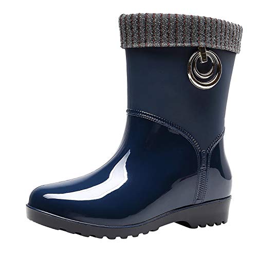 Celucke Damen Gummistiefel Fleece Gefüttert Rutschfeste Winter Warm Regenstiefel Wasserdicht Halbschaft Booties Reitstiefel Stiefel Stiefeletten Mode PVC Gartenschuhe Schnee Schlupfstiefel von Celucke