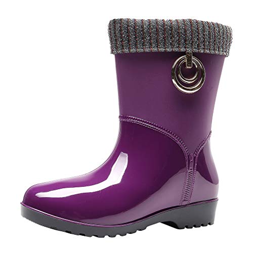 Celucke Damen Gummistiefel Fleece Gefüttert Rutschfeste Winter Warm Regenstiefel Wasserdicht Halbschaft Booties Reitstiefel Stiefel Stiefeletten Mode PVC Gartenschuhe Schnee Schlupfstiefel von Celucke