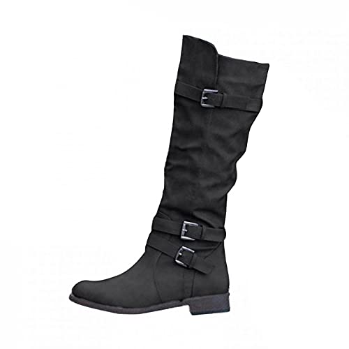 Celucke Damen Hohe Stiefeletten High Heels Stiefel Blockabsatz Elegant Winterstiefel mit Schnalle Winterschuhe Mode Langschaft Boots von Celucke