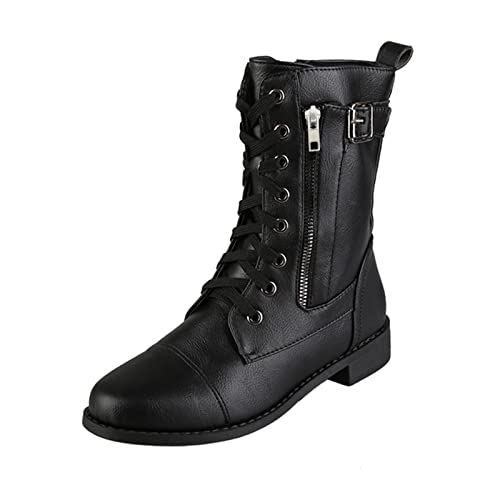 Celucke Damen Lederstiefel Stiefeletten Winter Ankle Boots Schwarz Halbhoch mit Reißverschluss Western Boots Beige Damenstiefeletten Bequeme Cowboystiefel Reiterstiefel Freizeitschuhe von Celucke