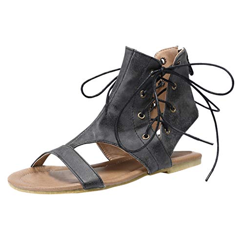 Celucke Damen Sandalen Schnürsandalen Flache Schuhe Elegante mit Schnürung Flach Schaftsandaletten Atmungsaktiv Bequem Hausschuhe Schnürsandale Hallux Slides Römersandalen von Celucke