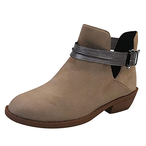 Celucke Damen Stiefeletten Ankle Boots Runder Kopf Chelsea Boots mit Blockabsatz Rutschfeste Schuhe mit Schnalle Kurzstiefel Casual Leder Stiefel von Celucke