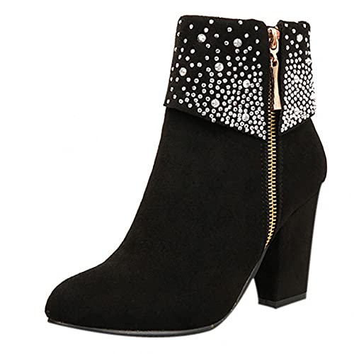 Celucke Damen Stiefeletten High Heels Ankle Boots mit Strass Stiefel Freizeitschuhe Winter Knöchel Booties von Celucke