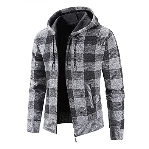 Celucke Dicke Strickjacke Herren Kariertes Hoody Jacke mit Fleece Strick Cardigan mit Kapuze Übergangsjacke Wolljacke Kapuzenjacke Herbst und Winter Strickmantel von Celucke