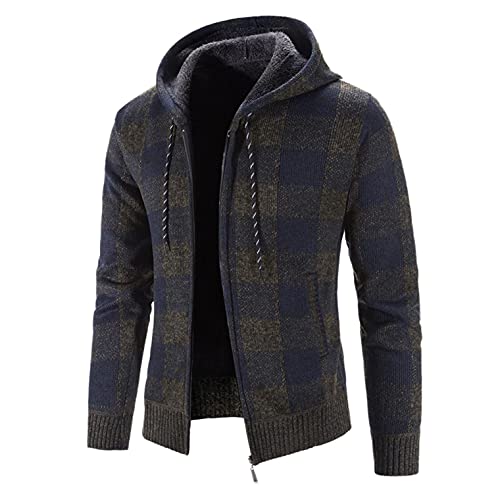 Celucke Dicke Strickjacke Herren Kariertes Hoody Jacke mit Fleece Strick Cardigan mit Kapuze Übergangsjacke Wolljacke Kapuzenjacke Herbst und Winter Strickmantel von Celucke