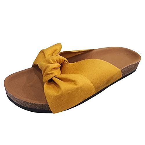 Celucke Flache Schuhe Pantoletten Damen Sandalen mit Schleife Korkoptik Sommerschuhe Schlappen Hausschuhe Flats Sommer Slides Latschen von Celucke