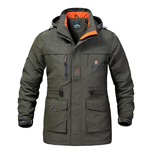 Celucke Fleecejacke Jacke Herren Übergangsjacke Winddichte Wasserdichte mit Stehkragen Outdoor Arbeitsjacke Langarm Winterjacke im Freien mit Abnehmbarer Kapuze(Armeegrün,XL) von Celucke