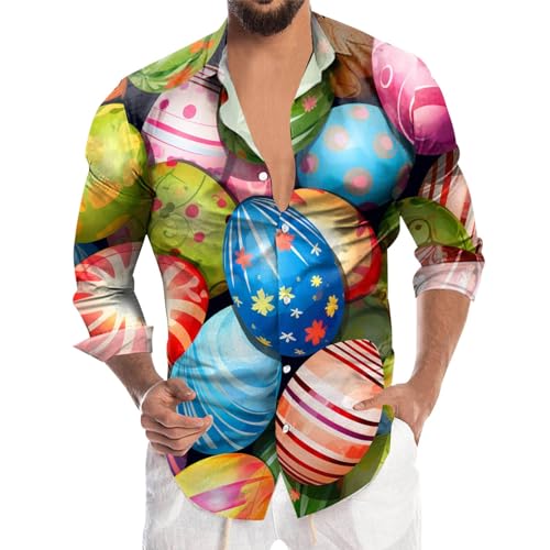 Celucke Happy Easter Hemd Osterhemd Herren Edel Tshirt Herren Lustig Ostern Langarm Sommerhemd Lustig Osterhase Osterei Muster Langarmshirt Men Shirts Urlaub Karneval Kleidung von Celucke