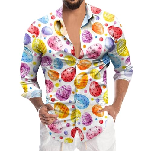Celucke Happy Easter Hemd Osterhemd Herren Edel Tshirt Herren Lustig Ostern Langarm Sommerhemd Lustig Osterhase Osterei Muster Langarmshirt Men Shirts Urlaub Karneval Kleidung von Celucke