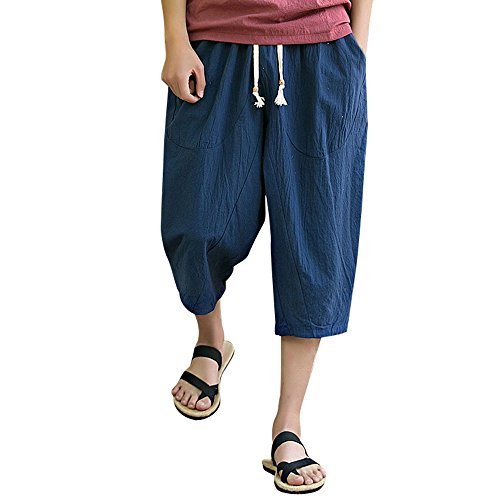 Celucke Haremshose Herren Hose Leinenhose Übergroße Kurzhose Freizeithose Einfarbig Casual Tunnelzug Strandhose Lose Sommerhose Jogginghose von Celucke