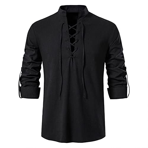 Celucke Henley Hemd mit Schnürung Leinenhemd Herren Männer Shirt Langarm Shirt mit Stehkragen Sommerhemd Shirts Baumwolle Einfarbig Langarmhemd Langarmshirt Freizeithemd Tshirt (Schwarz,L) von Celucke