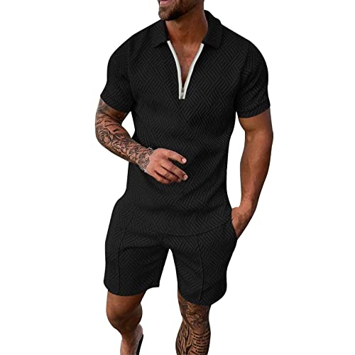 Celucke Herren 2-teiliges Polo-Anzug Set mit Reißverschluss Einfarbig 2-teilig Kurzarm Freizeithemden und Shorts Outfits Jogginganzug Anzug Sommer Atmungsaktiv Sportanzug Fitness Tracksuit von Celucke