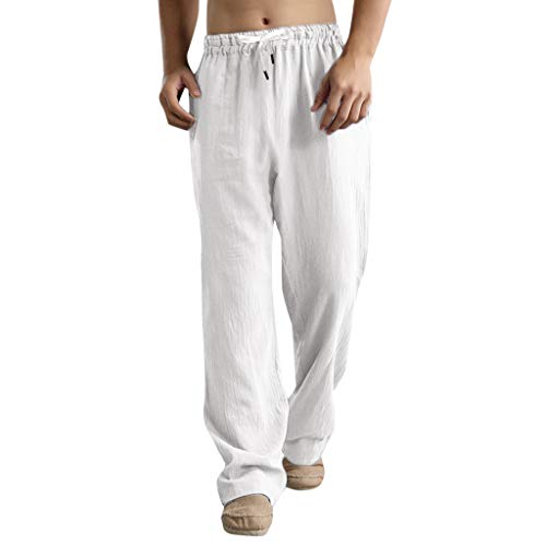 Celucke Herren Casual Strandhosen Leinen Hose Stoffhose Einfarbig Regular Fit, Leinenhose Männer Sommer Freizeithose Strand Urlaub Bequem Leichte Atmungsaktives (Weiß, XXL) von Celucke