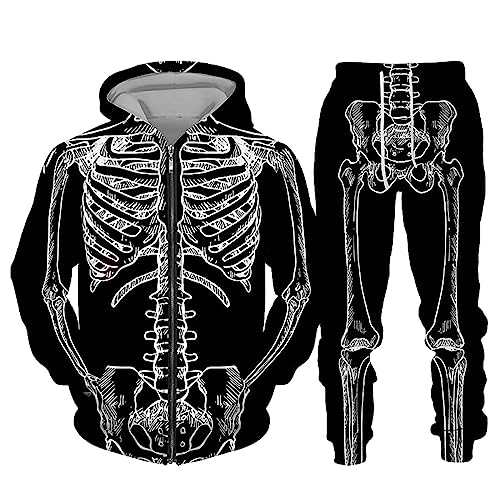 Celucke Herren Halloween Anzug Sweatshirt Totenkopf Print Kapuzenjacke Set Trapstar Anzug Sporttraining Sets 2-teilig Two-Piece Sportswear Suit Trainingsanzug von Celucke