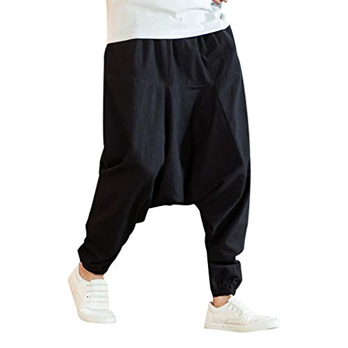 Celucke Herren Haremshose Leinenhose Pluderhose Hippie Kleidung Pumphose Männer Yoga Hose Aladinhose Freizeithose Sommerhose Leichte Atmungsaktives Bequem (Schwarz, XL) von Celucke