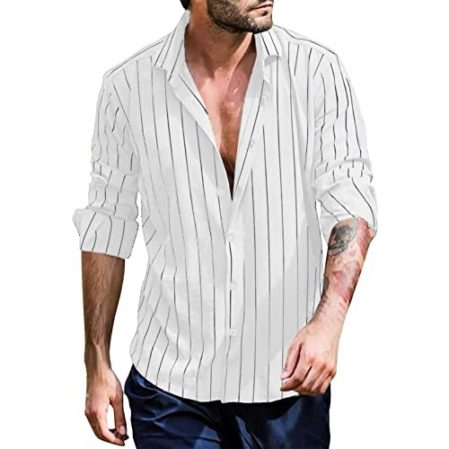 Celucke Herren Hemden Langarm Hemd Sommer Streifen Langarmhemd Freizeithemden Reverskragen Sommerhemd mit Tasten Casual Loose Shirt Strandhemden Strand von Celucke