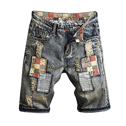 Celucke Herren Jeans Shorts Patches Kurze Hose Sommer Bermuda Denim im Used-Look, Männer Vintage Jeanshose Label Moderne Slim Fit Mix von Celucke