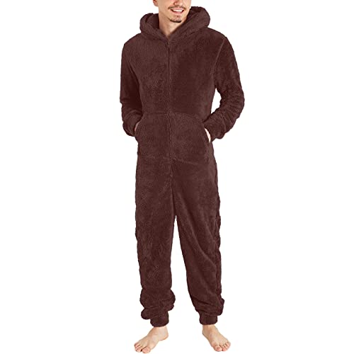 Celucke Herren Jumpsuit Teddy Fleece Einteiler Overall Anzug Flauschig Warm Ganzkörperanzug Onesie Thermo Kapuze Schlafanzug Unisex von Celucke